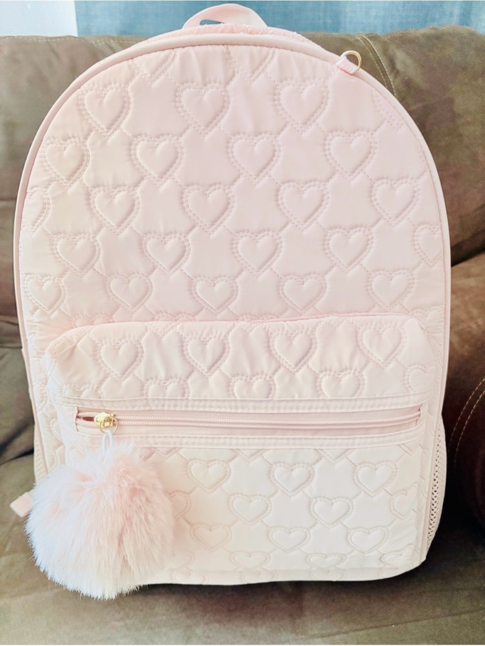 Under One Sky Quilted Heart Backpack in Light Pink with Pom Pom